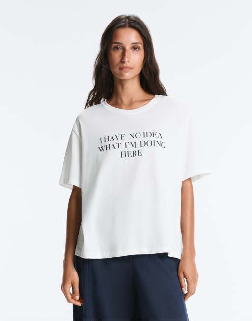 OYSHO Boxy short-sleeved cotton blend t-shirt with slogan in off-white, 4 of 4