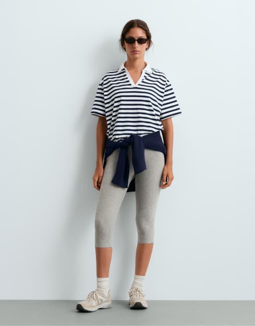 OYSHO Boxy short-sleeved polo neck cotton blend t-shirt in navy, 2 of 6
