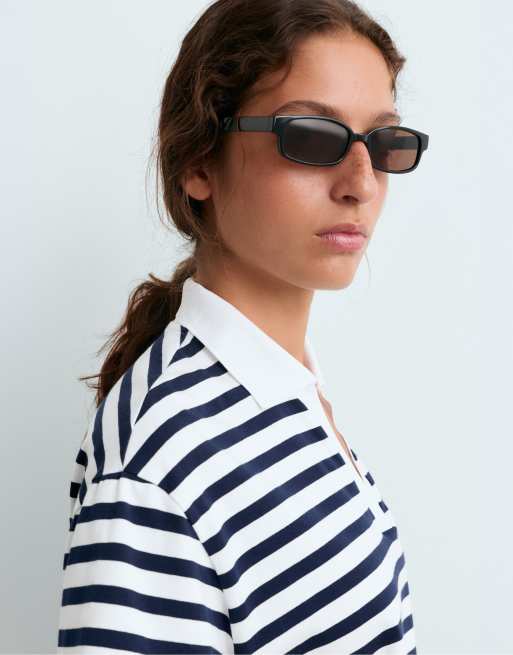 OYSHO Boxy short-sleeved polo neck cotton blend t-shirt in navy, 3 of 6