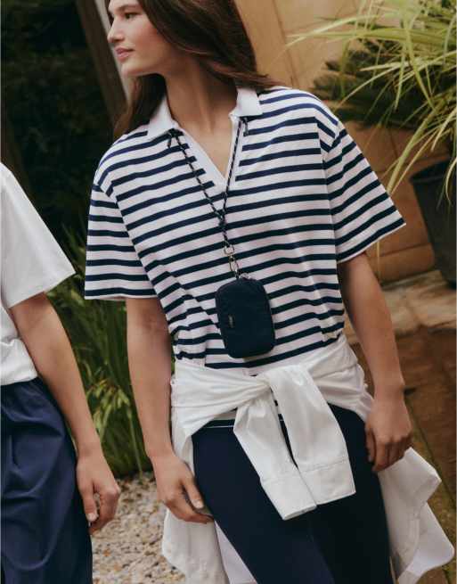 OYSHO Boxy short-sleeved polo neck cotton blend t-shirt in navy, 5 of 6