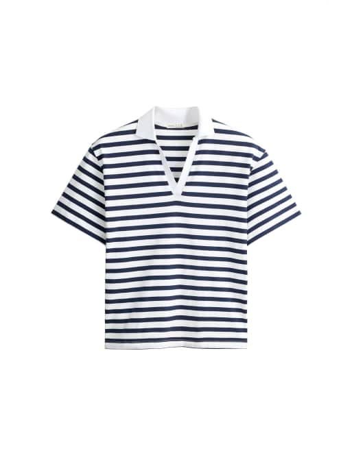 OYSHO Boxy short-sleeved polo neck cotton blend t-shirt in navy, 6 of 6
