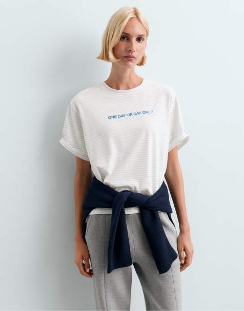OYSHO Boxy slogan t-shirt in off-white - view 1