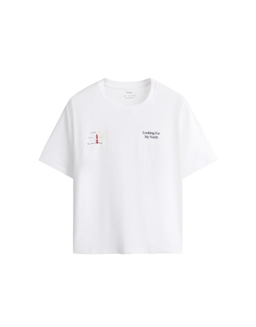OYSHO Boxy T-shirt i bomuldsblanding med print i råhvid, 5 af 5