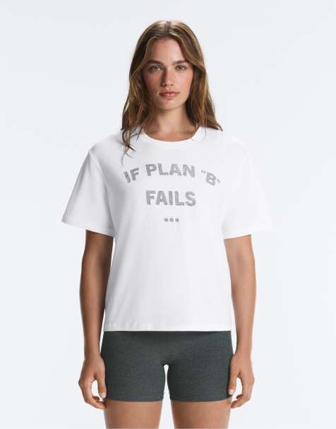 OYSHO Boxy T-shirt i bomuldsblanding med slogan i råhvid - view 1