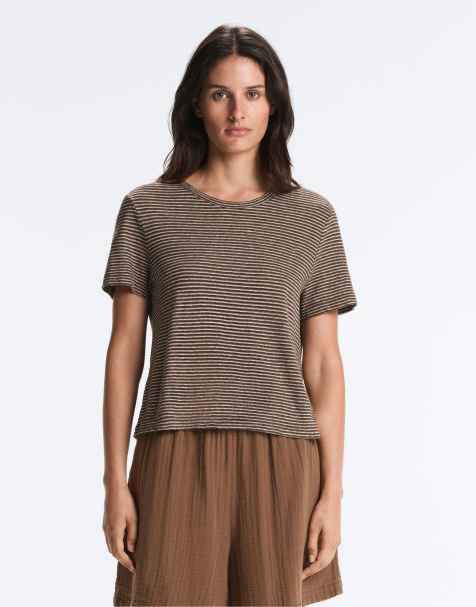 OYSHO - Brun figursyet T-shirt i bomulds og hørblanding med striber - view 1