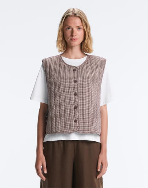 OYSHO – Brun, ginghamrutig, quiltad väst - view 1