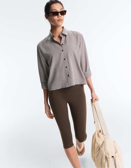 OYSHO - Brun kort skjorte med gingham-tern i lyocellblanding, 2 af 4