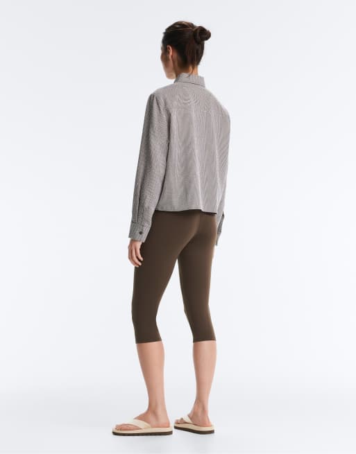 OYSHO - Brun kort skjorte med gingham-tern i lyocellblanding, 4 af 4