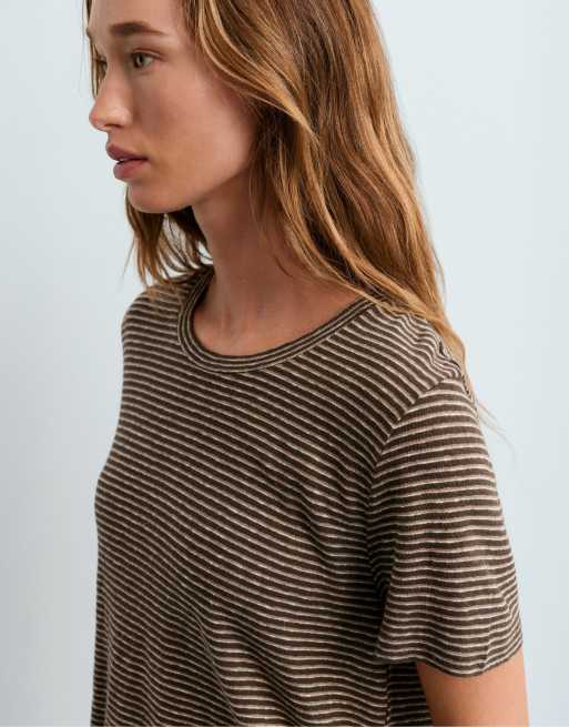 OYSHO – Brun, randig, figurnära t-shirt i bomull och modal, 3 av 6