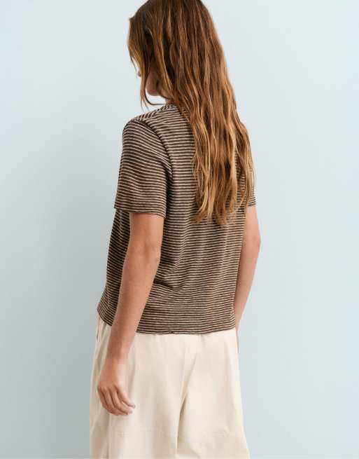 OYSHO – Brun, randig, figurnära t-shirt i bomull och modal, 4 av 6