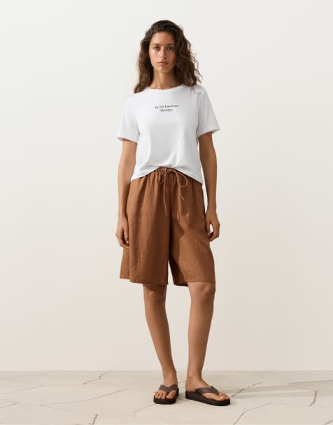 OYSHO – Bruna bermudashorts i midilängd med 100% linne - view 1