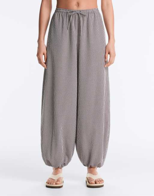 OYSHO - Brune maxi-bukser i bloomer-stil med gingham-tern i lyocellblanding, 4 af 4