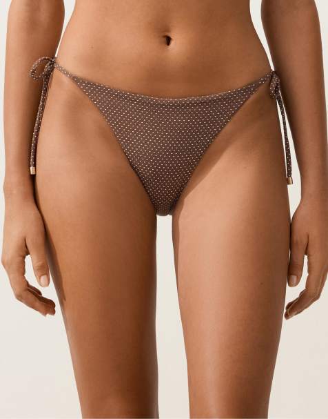 OYSHO - Brune mini-bikinitrusser med medium dækning og polkaprikker - view 1