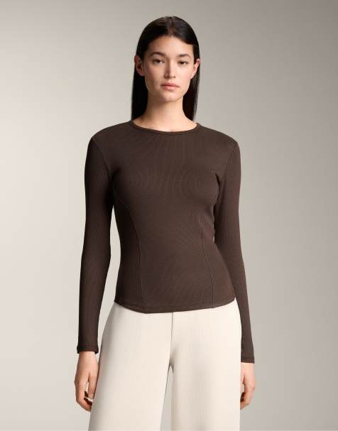 OYSHO – Brunt, ribbad t-shirt i bomull och modal med långa ärmar - view 1