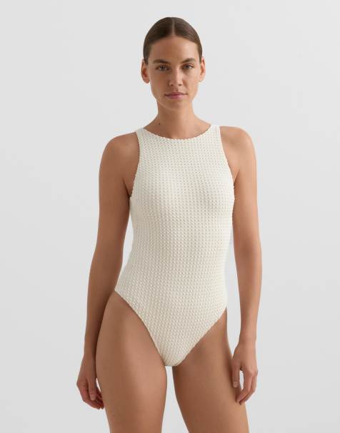OYSHO Bubble-texture crochet halter swimsuit in ecru - view 1