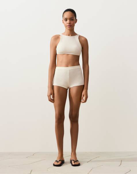 OYSHO Bubble-texture crochet high-waisted bikini shorts in ecru - view 1