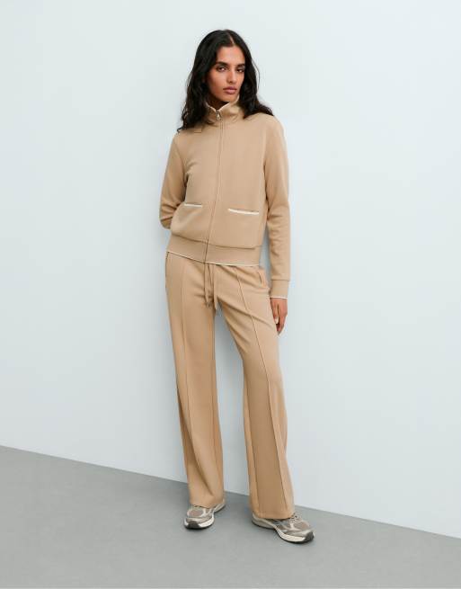 OYSHO bukser i bomuldspiqué med lige ben i beige, 3 af 7