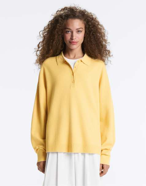 OYSHO Button-up knit polo shirt in yellow - view 1
