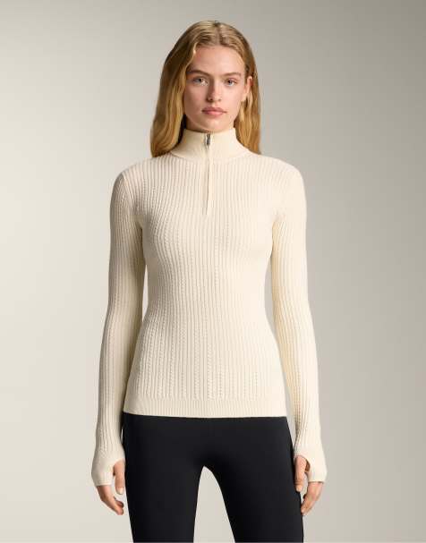 OYSHO Cable knit base layer t-shirt with half zip in ecru - view 1