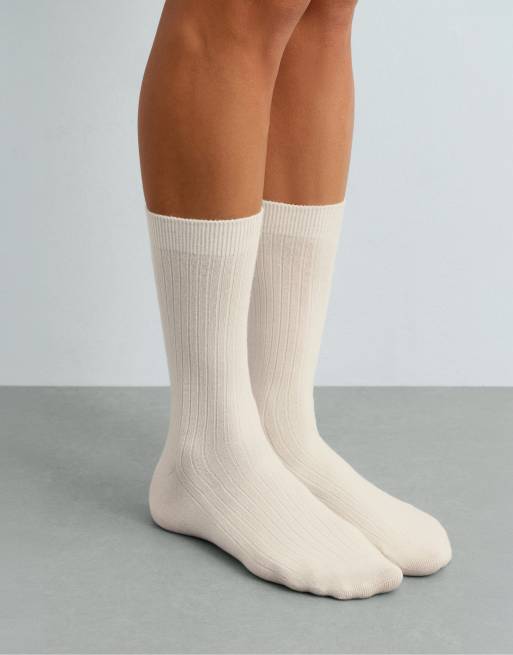 OYSHO calze in misto modal a coste con 15% cashmere, ecrù, 4 di 4