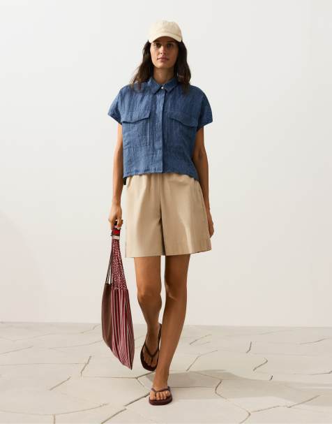 OYSHO - Camicia 100% lino blu a righe con tasche - view 1