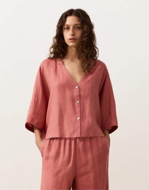 OYSHO - Camicia a maniche corte 100% lino color corallo