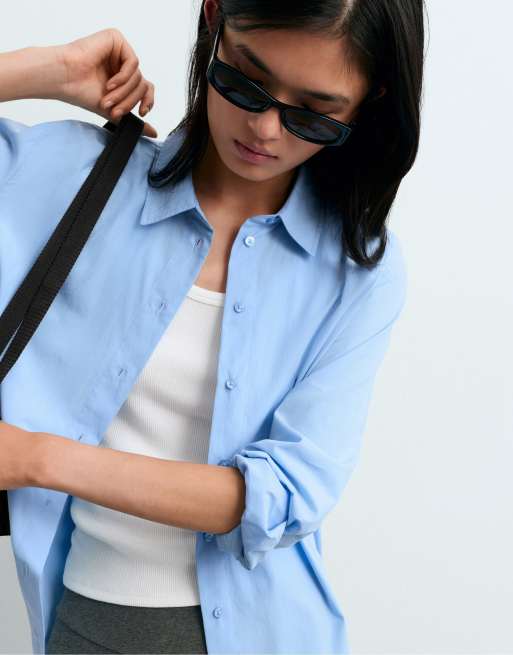 OYSHO camicia a maniche lunghe 100% cotone azzurro chiaro, 3 di 7