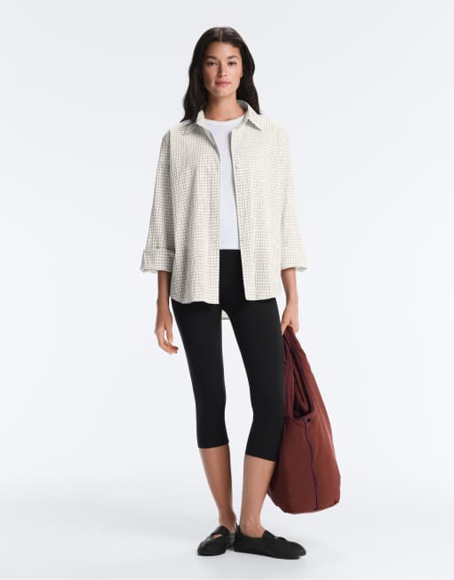 OYSHO - Camicia a maniche lunghe in misto cotone bianco sporco a quadri, 2 di 4