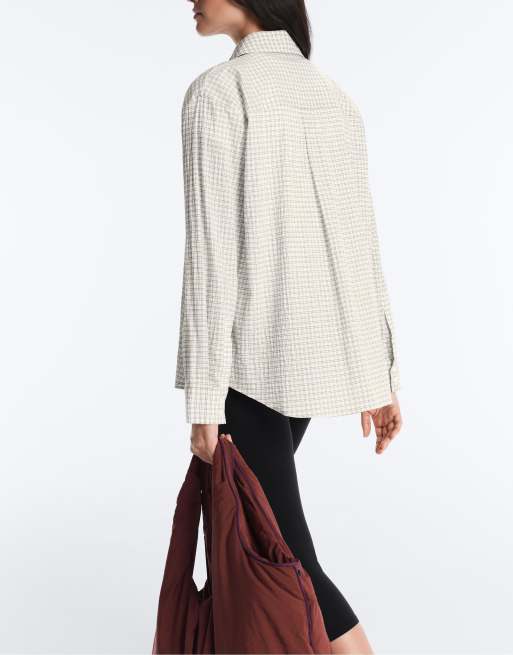 OYSHO - Camicia a maniche lunghe in misto cotone bianco sporco a quadri, 3 di 4