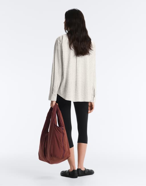OYSHO - Camicia a maniche lunghe in misto cotone bianco sporco a quadri, 4 di 4