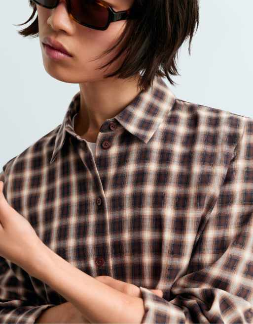 OYSHO camicia a quadri in cotone 100% marrone, 3 di 5