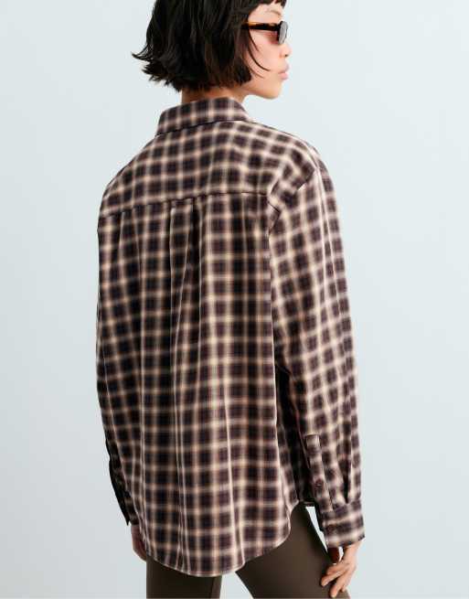 OYSHO camicia a quadri in cotone 100% marrone, 4 di 5