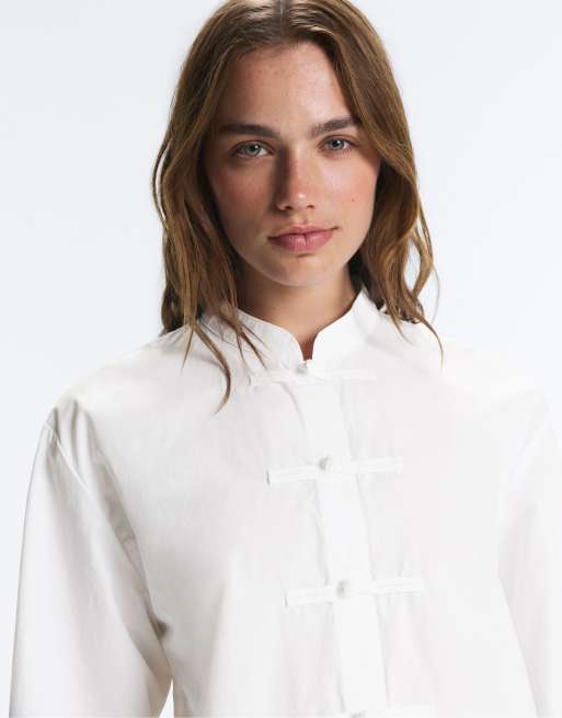 OYSHO camicia bianca 100% cotone con abbottonatura e colletto alla coreana, 3 di 5