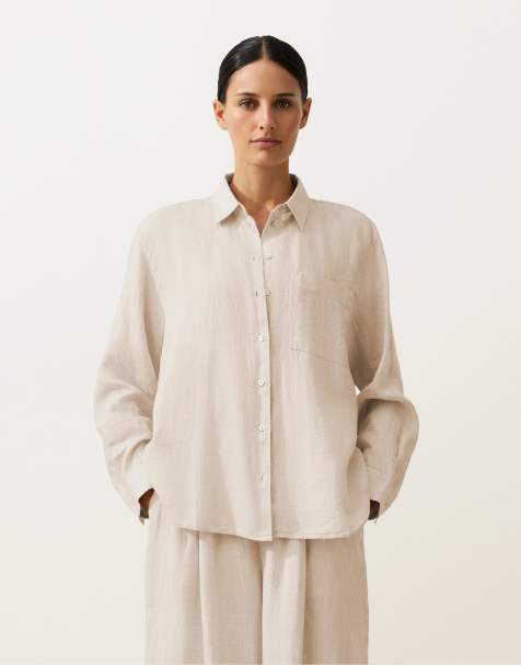 OYSHO - Camicia comoda in 100% lino color sabbia mélange - view 1