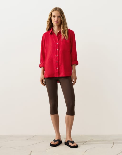OYSHO - Camicia comoda in 100% lino rosso acceso, 2 di 4