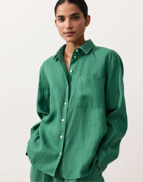OYSHO - Camicia comoda verde in 100% lino - view 1