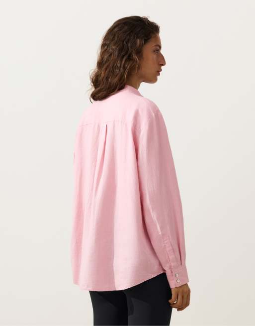 OYSHO - Camicia con colletto alla coreana in 100% lino rosa, 2 di 4