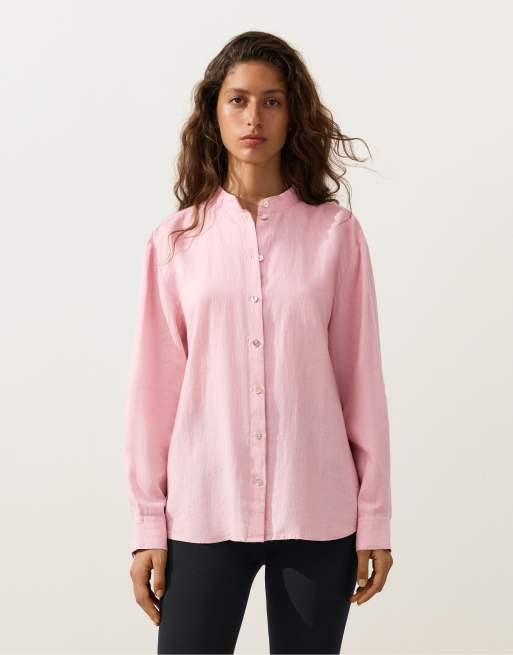 OYSHO - Camicia con colletto alla coreana in 100% lino rosa, 3 di 4