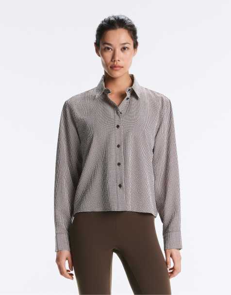 OYSHO - Camicia corta in misto lyocell marrone a quadretti - view 1