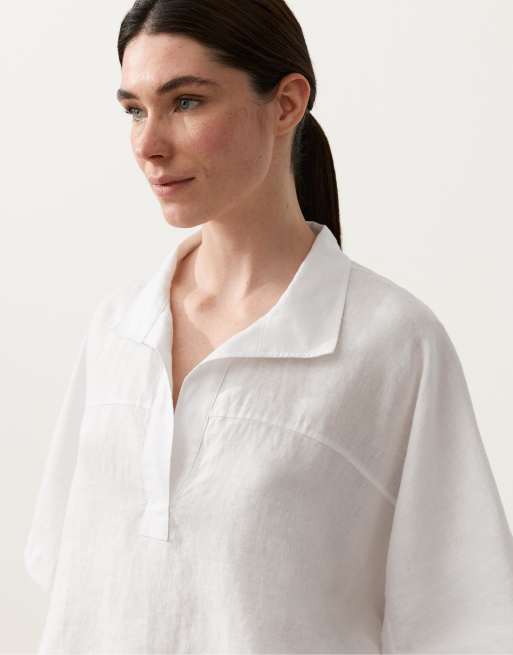 OYSHO - Camicia oversize a maniche corte in 100% lino bianco sporco, 3 di 4