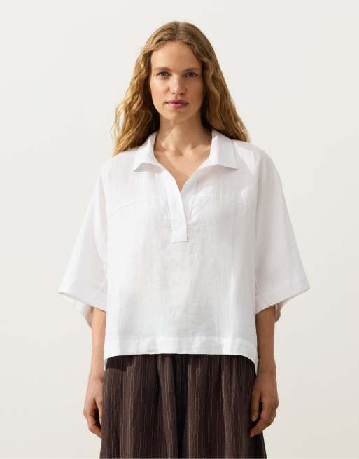 OYSHO - Camicia oversize a maniche corte in 100% lino bianco sporco