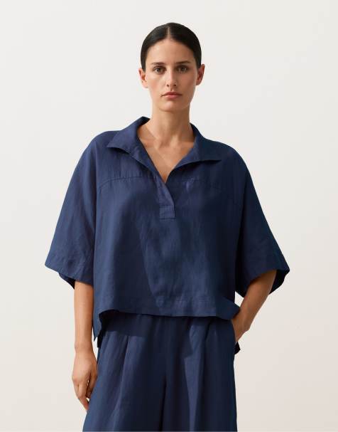 OYSHO - Camicia oversize a maniche corte in lino 100% blu navy - view 1