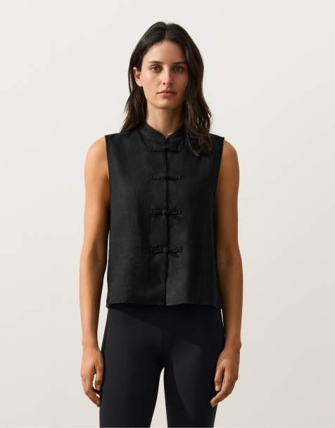 OYSHO - Camicia senza maniche in 100% lino nera con colletto alla coreana e bottoni - view 1