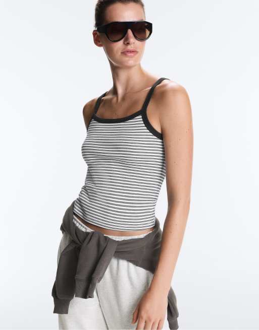 OYSHO - Canotta in misto cotone a coste bianco sporco a righe, 6 di 6