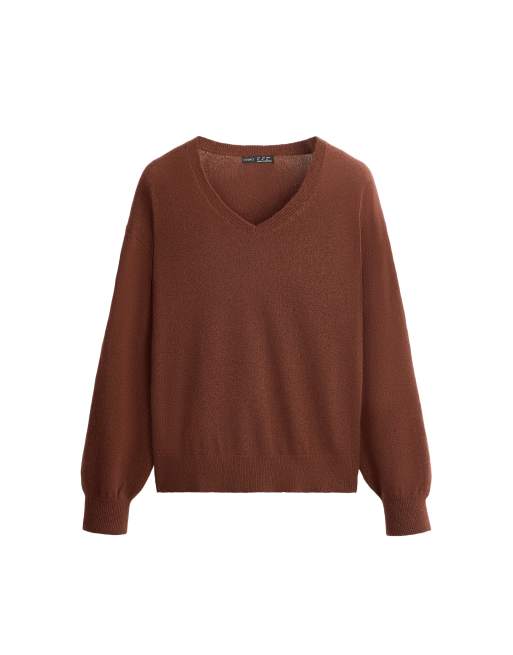 OYSHO cashmere 100% v-neck knit jumper in brown, 5 of 5