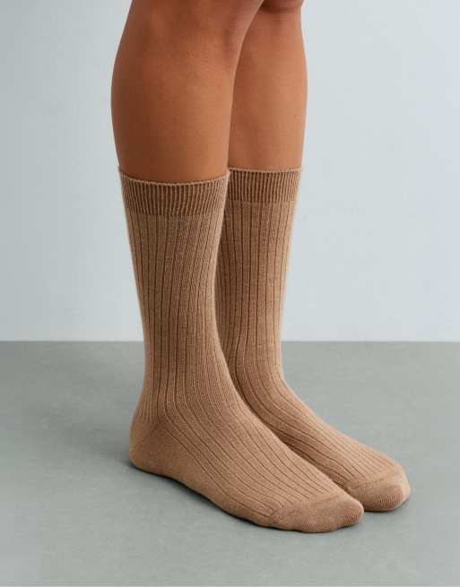 OYSHO Cashmere 15% ribbed modal blend socks in camel, 4 of 4
