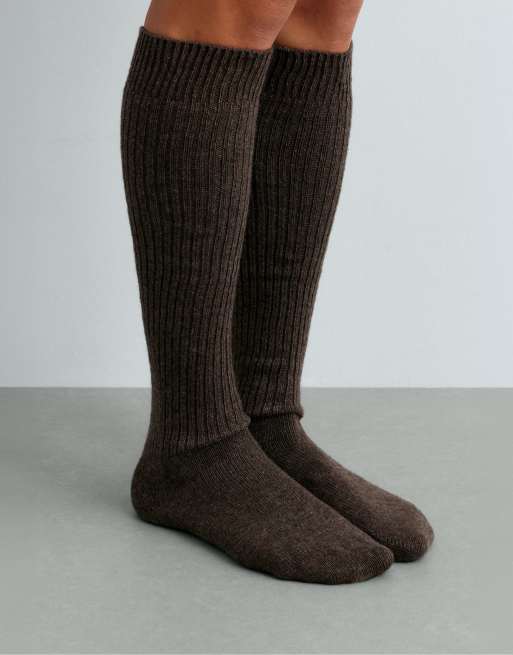 OYSHO cashmere 22% wool 10% long socks in brown, 4 of 4