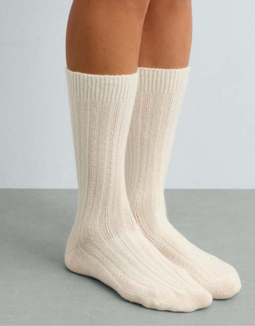 OYSHO cashmere 25% wool 11% classic socks in ecru, 3 of 4
