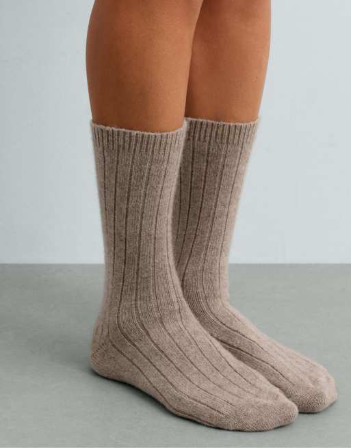 OYSHO cashmere 75% socks in pale tan, 2 of 4