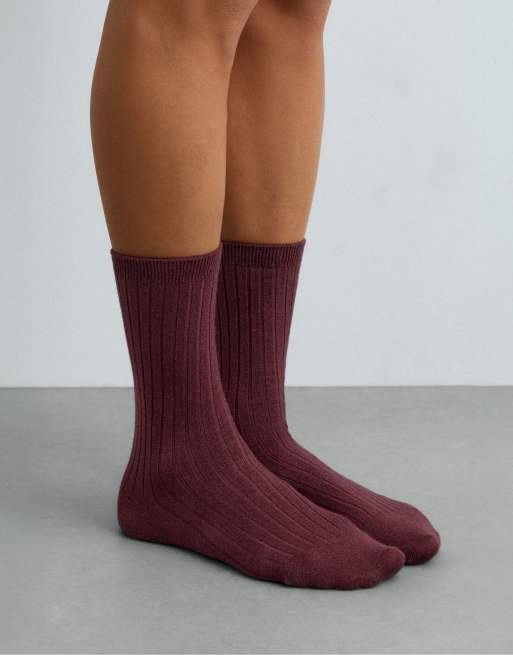 OYSHO Chaussettes classiques 15 % cachemire, 63 % soie, bordeaux, 2 de 4